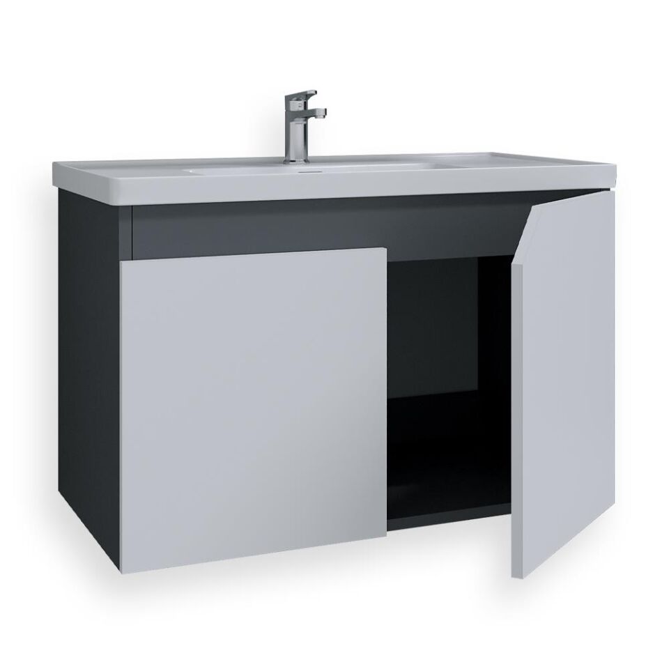 Teta Home Napoli 65 cm MDF Banyo Lavabolu Alt Dolap Antrasit-Beyaz
