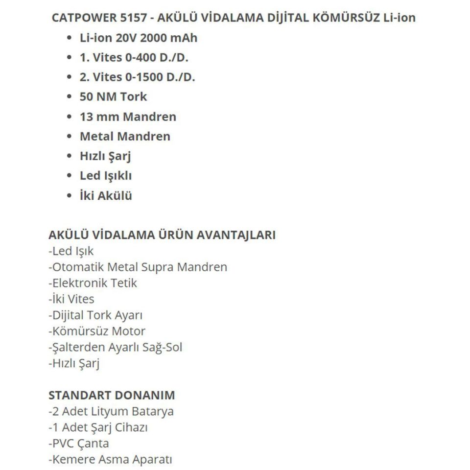 Catpower CAT 5157 Darbeli Kömürsüz Şarjlı Matkap 20V