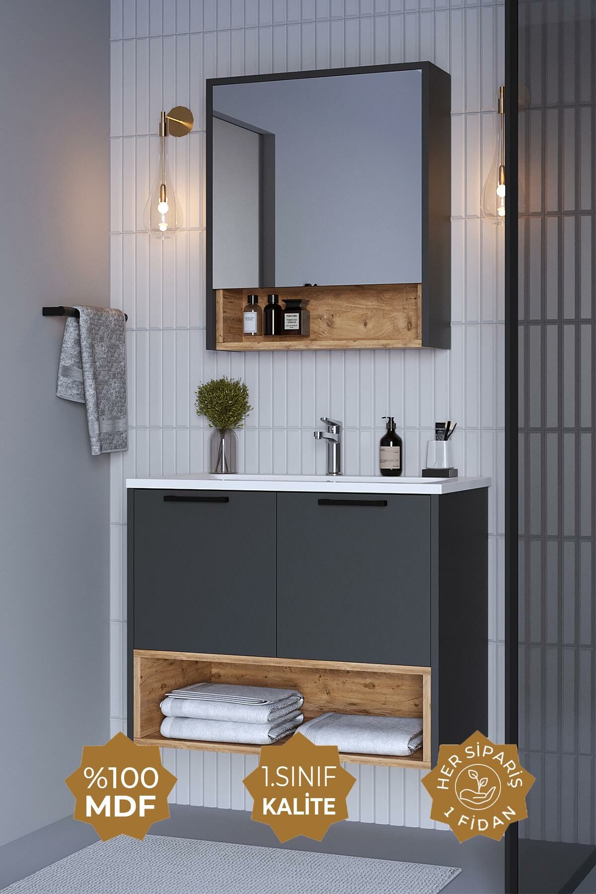 Teta Home Suva 65 Cm Mdf Banyo Dolabı Seti Antrasit-Atlantik Çam