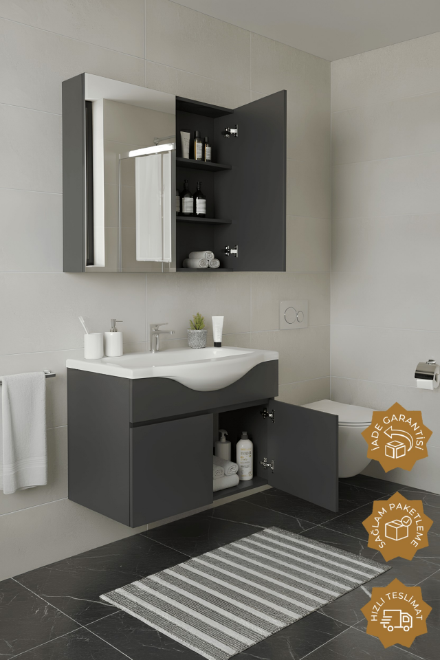 Teta Home Kahire 80 cm MDF Banyo Dolabı Seti Antrasit