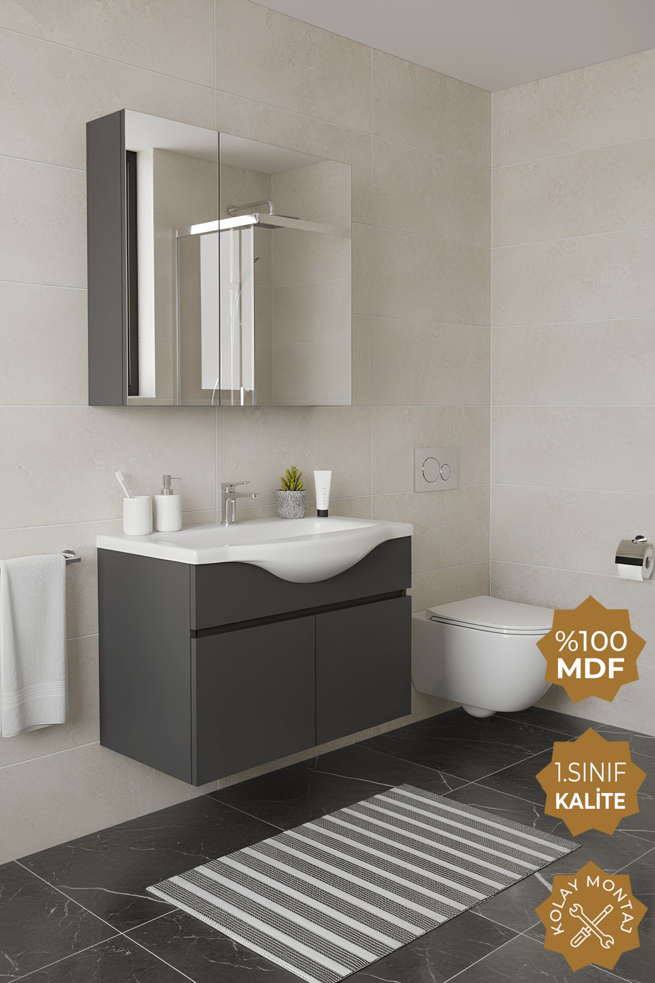 Teta Home Kahire 80 cm MDF Banyo Dolabı Seti Antrasit