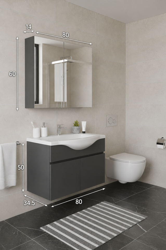 Teta Home Kahire 80 cm MDF Banyo Dolabı Seti Antrasit