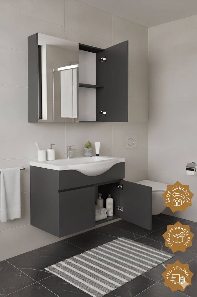 Teta Home Kahire 80 cm MDF Banyo Dolabı Seti Antrasit
