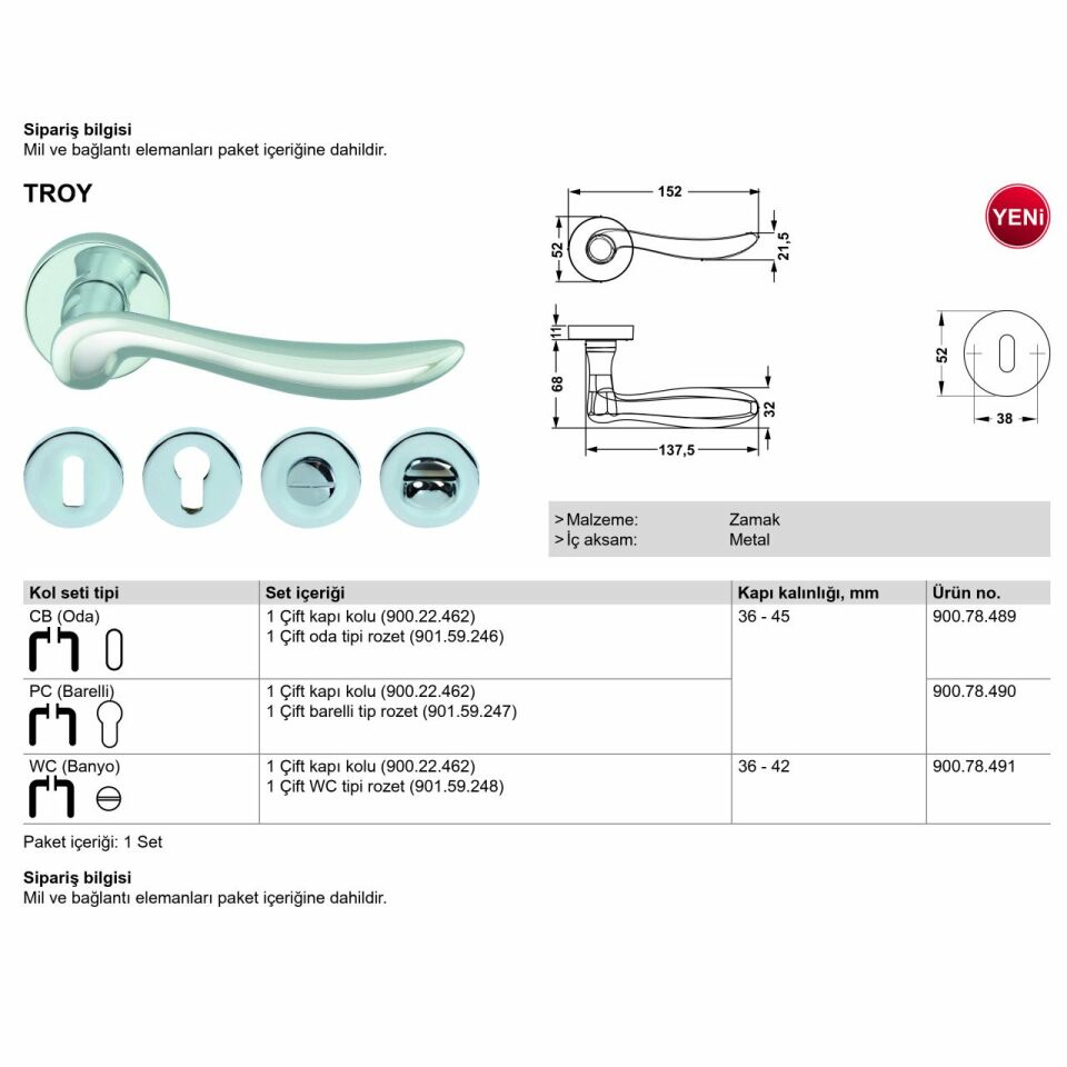 Hafele Kapı Kolu Seti Troy WC Parlak Krom