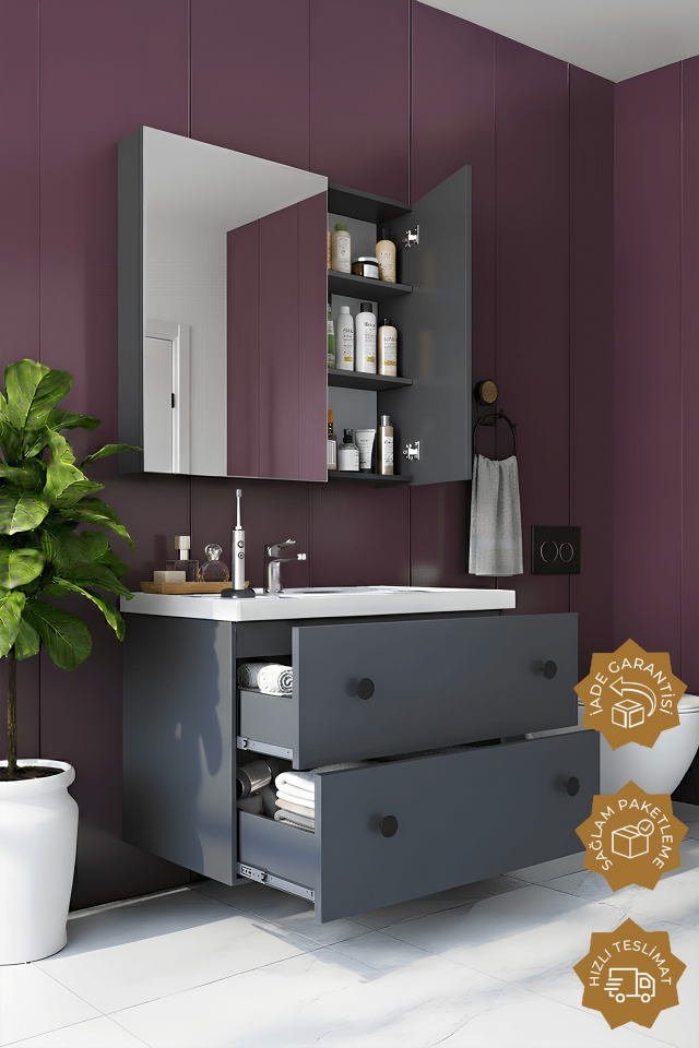 Teta Home Tiflis 65 cm MDF Banyo Dolabı Seti Antrasit