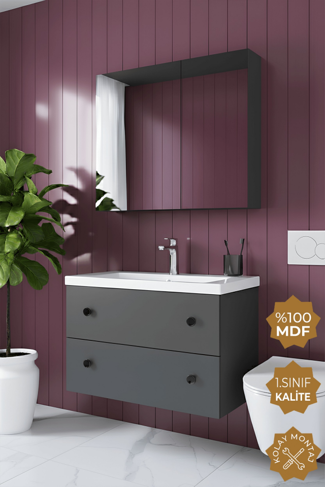 Teta Home Tiflis 65 cm MDF Banyo Dolabı Seti Antrasit
