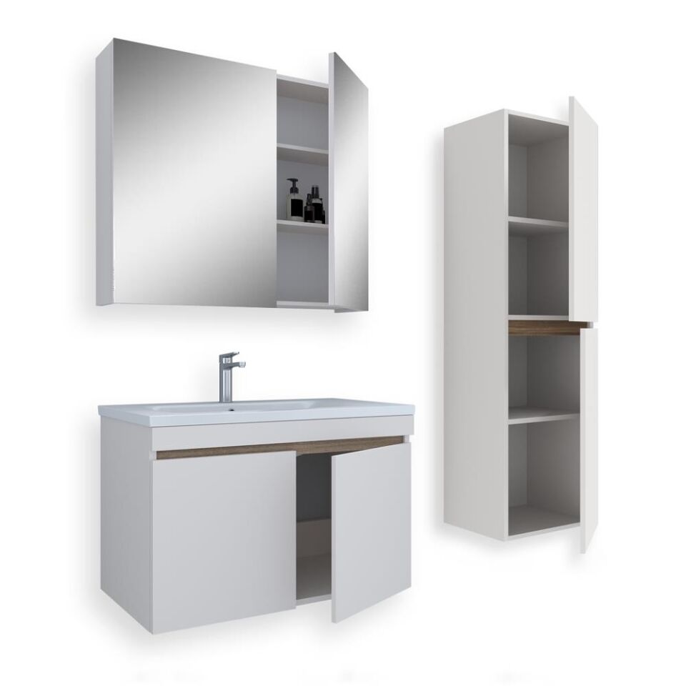 Teta Home Tokyo 80 cm MDF Banyo Dolabı Seti + Boy Dolabı Vanilya-Kafkas Meşe