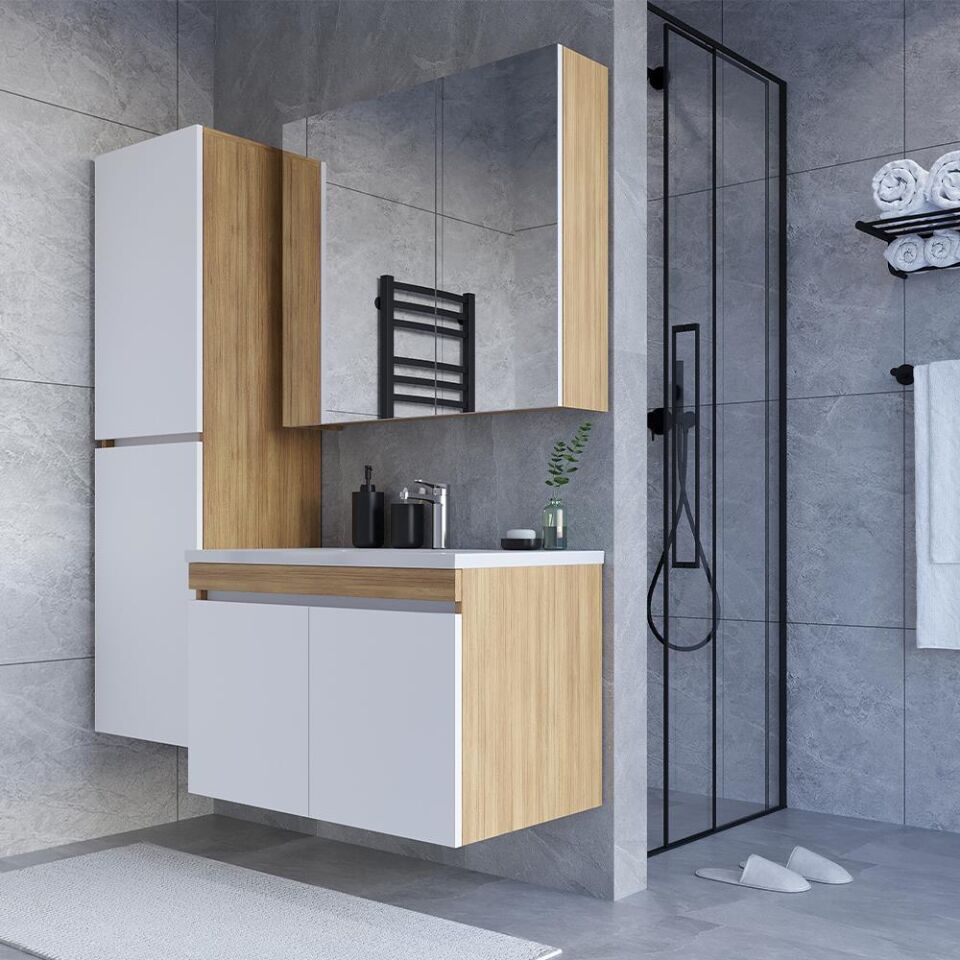 Teta Home Tokyo 80 cm MDF Banyo Dolabı Seti + Boy Dolabı Teak-Beyaz