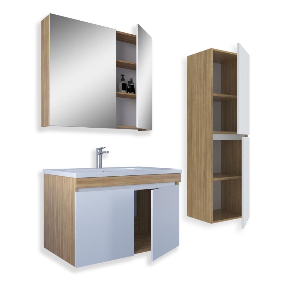 Teta Home Tokyo 80 cm MDF Banyo Dolabı Seti + Boy Dolabı Teak-Beyaz