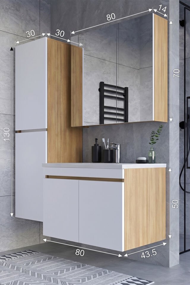 Teta Home Tokyo 80 cm MDF Banyo Dolabı Seti + Boy Dolabı Teak-Beyaz