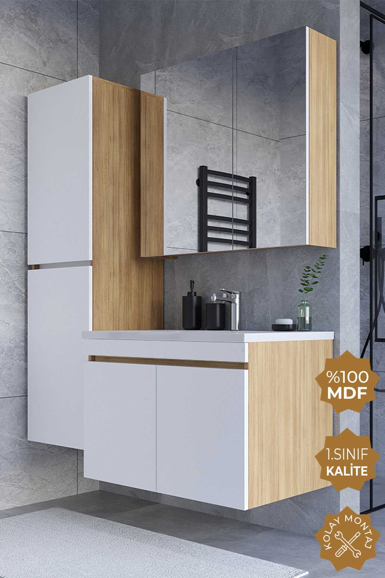 Teta Home Tokyo 80 cm MDF Banyo Dolabı Seti + Boy Dolabı Teak-Beyaz