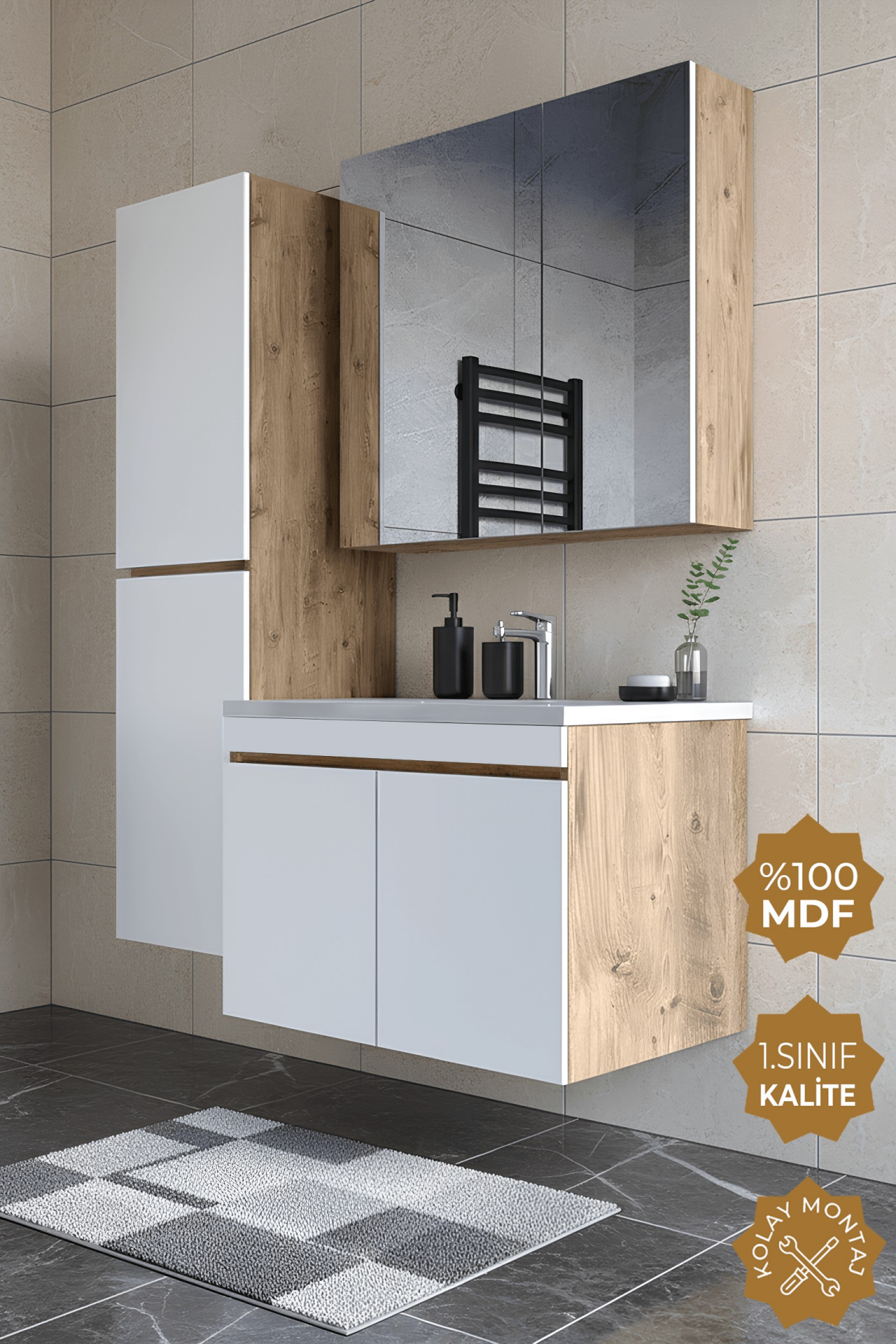 Teta Home Tokyo 80 cm MDF Banyo Dolabı Seti + Boy Dolabı Atlantik Çam-Beyaz