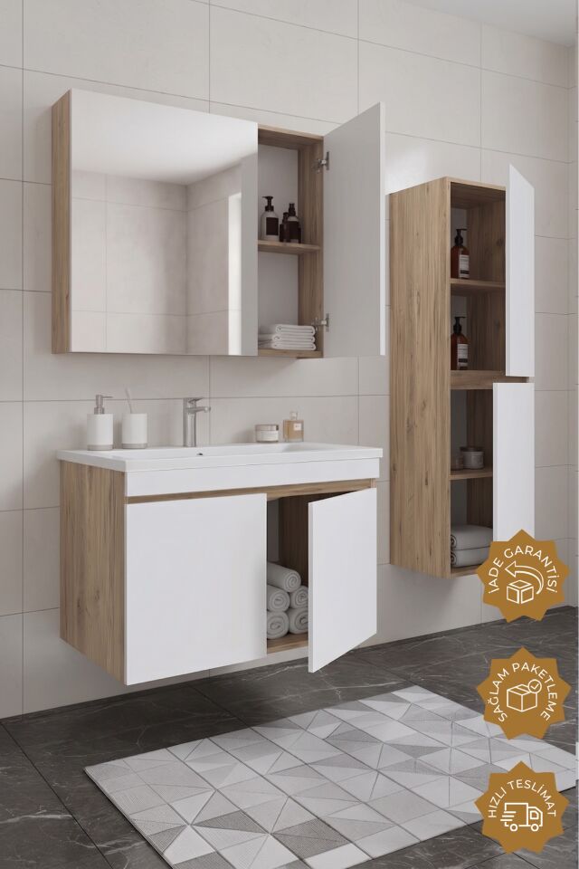 Teta Home Tokyo 80 cm MDF Banyo Dolabı Seti + Boy Dolabı Atlantik Çam-Beyaz