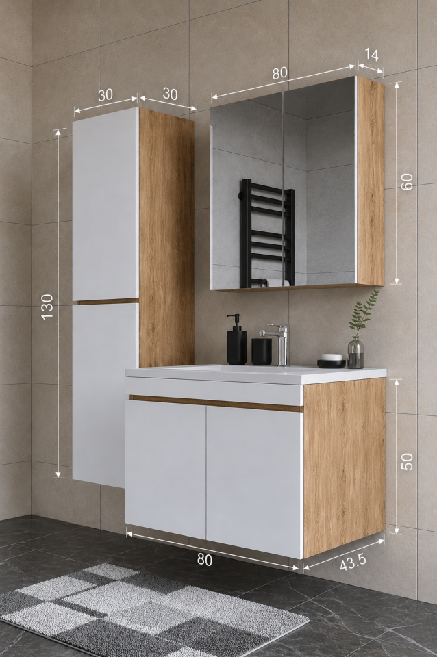 Teta Home Tokyo 80 cm MDF Banyo Dolabı Seti + Boy Dolabı Atlantik Çam-Beyaz
