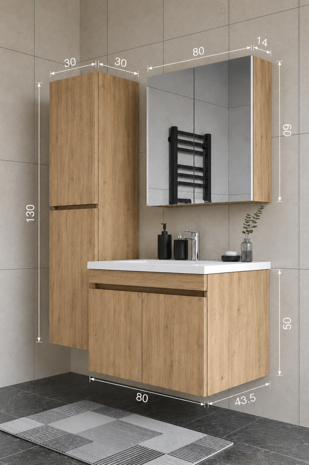 Teta Home Tokyo 80 cm MDF Banyo Dolabı Seti + Boy Dolabı Atlantik Çam