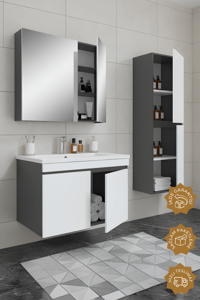 Teta Home Tokyo 80 cm MDF Banyo Dolabı Seti + Boy Dolabı Antrasit-Beyaz