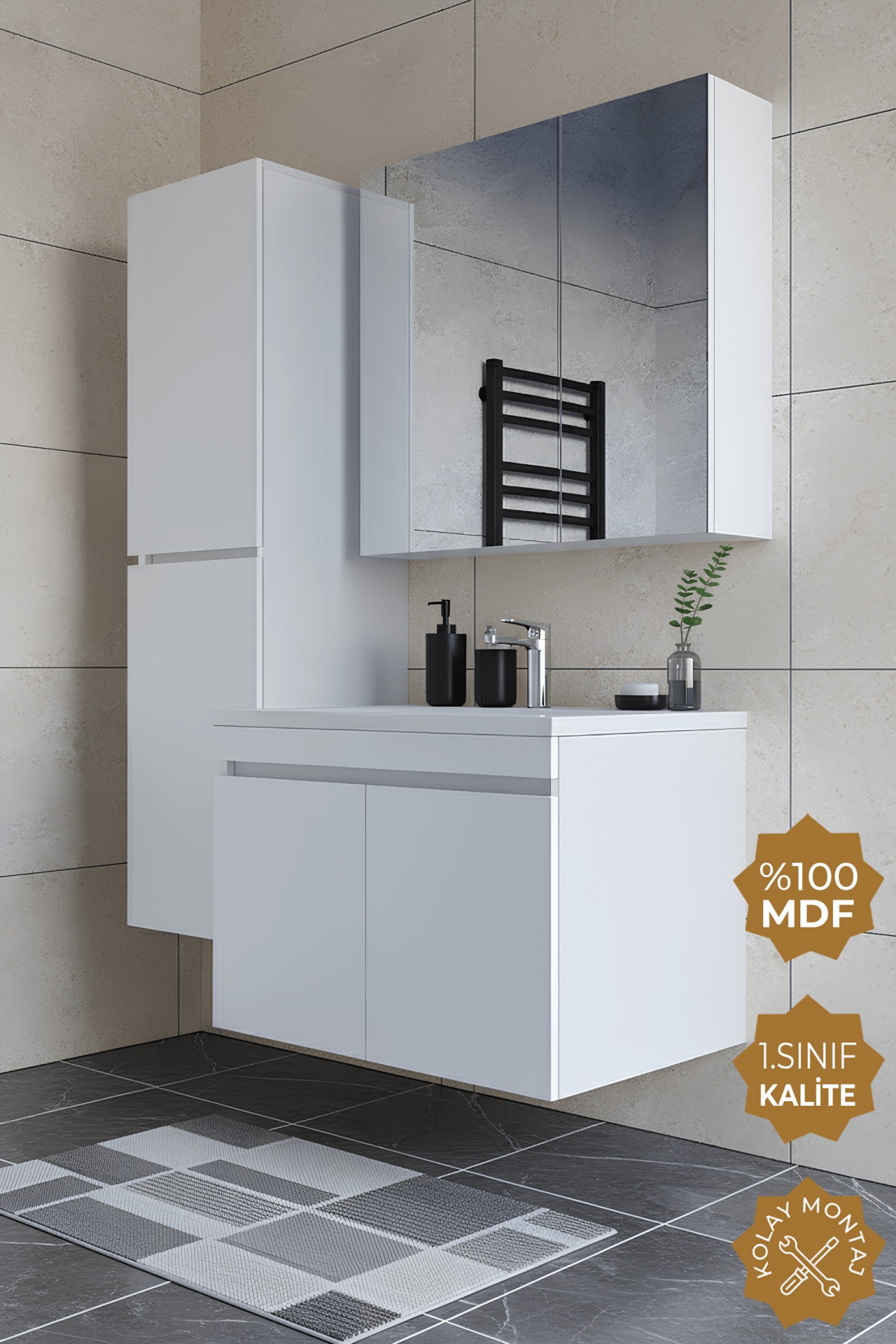 Teta Home Tokyo 80 cm MDF Banyo Dolabı Seti + Boy Dolabı Beyaz
