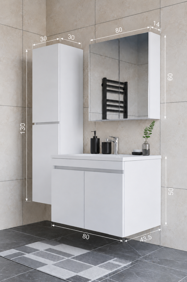 Teta Home Tokyo 80 cm MDF Banyo Dolabı Seti + Boy Dolabı Beyaz