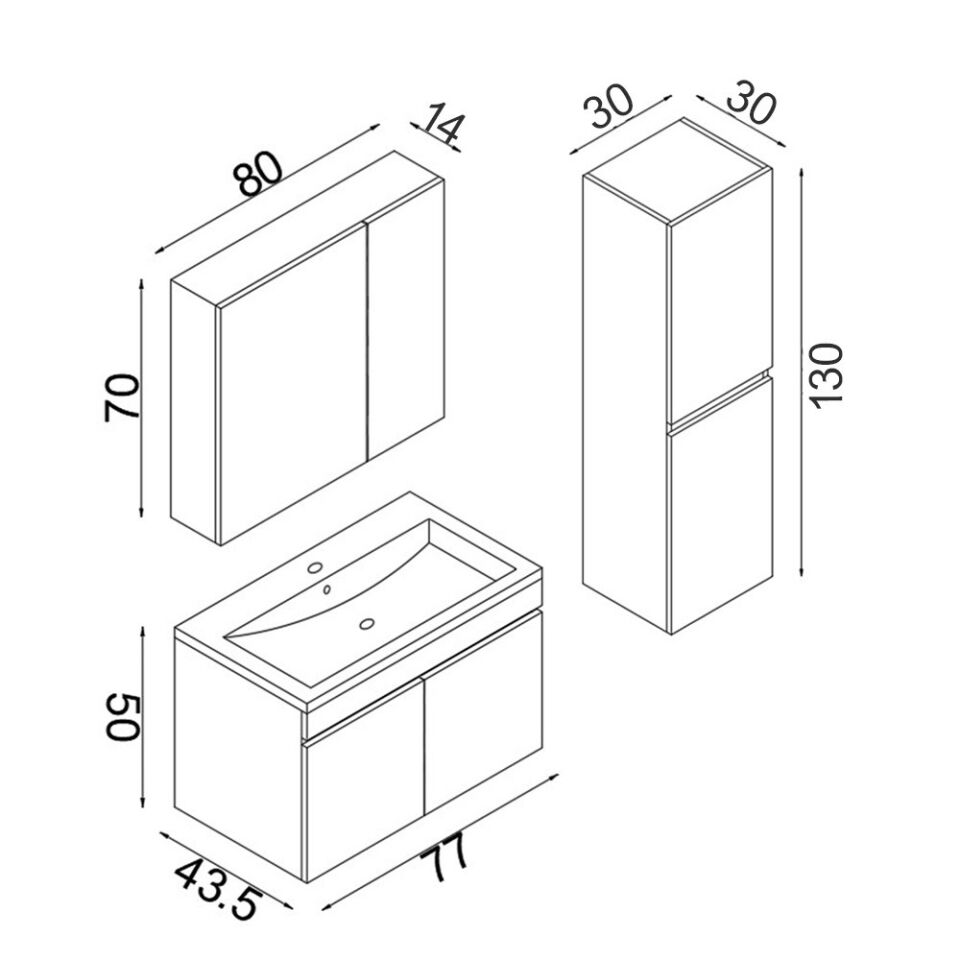 Teta Home Tokyo 80 cm MDF Banyo Dolabı Seti + Boy Dolabı Kafkas Meşe-Beyaz