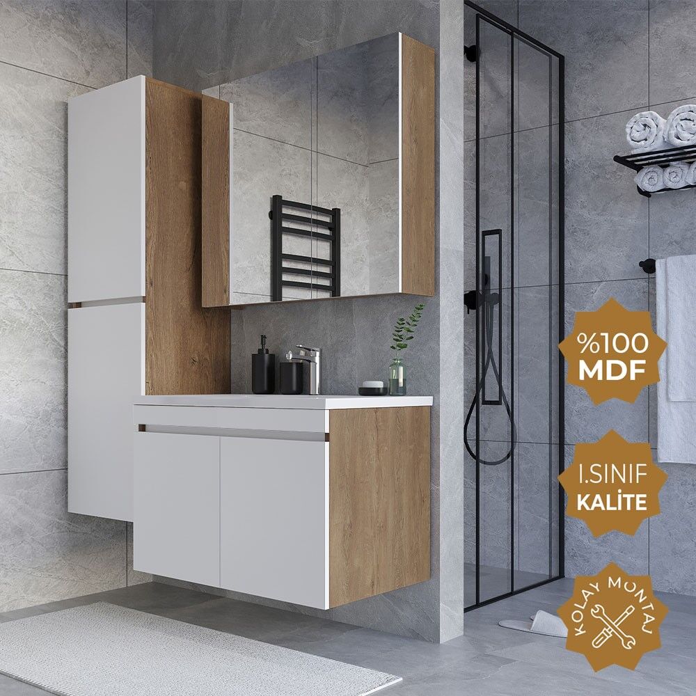 Teta Home Tokyo 80 cm MDF Banyo Dolabı Seti + Boy Dolabı Kafkas Meşe-Beyaz