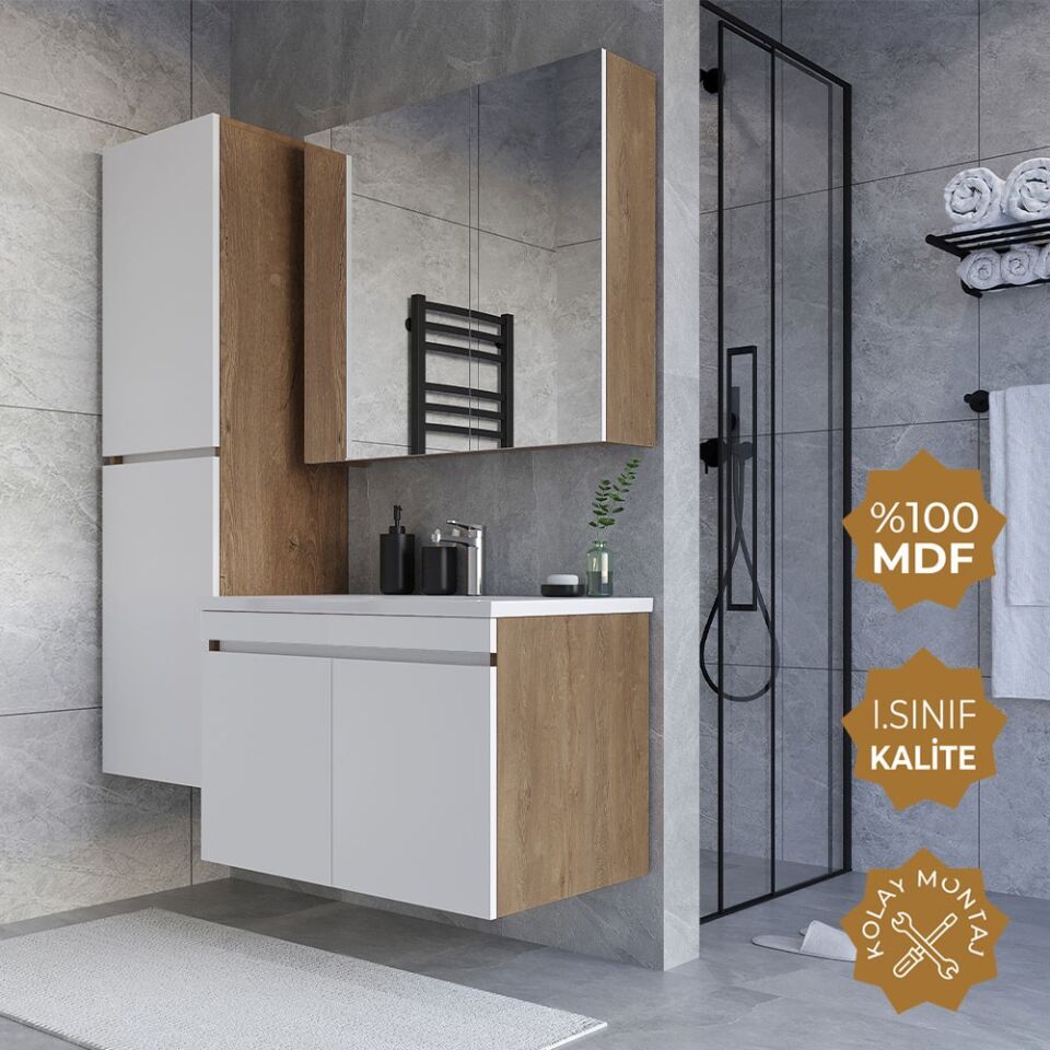 Teta Home Tokyo 80 cm MDF Banyo Dolabı Seti + Boy Dolabı Kafkas Meşe-Beyaz
