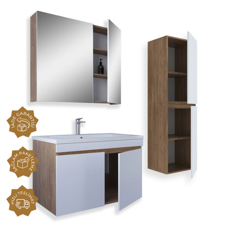 Teta Home Tokyo 80 cm MDF Banyo Dolabı Seti + Boy Dolabı Kafkas Meşe-Beyaz