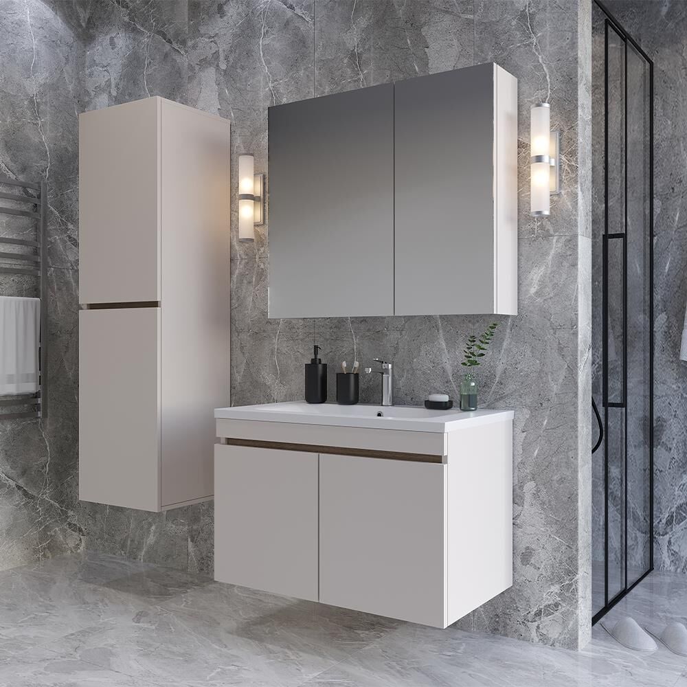 Teta Home Tokyo 65 cm MDF Banyo Dolabı Seti + Boy Dolabı Vanilya-Kafkas Meşe
