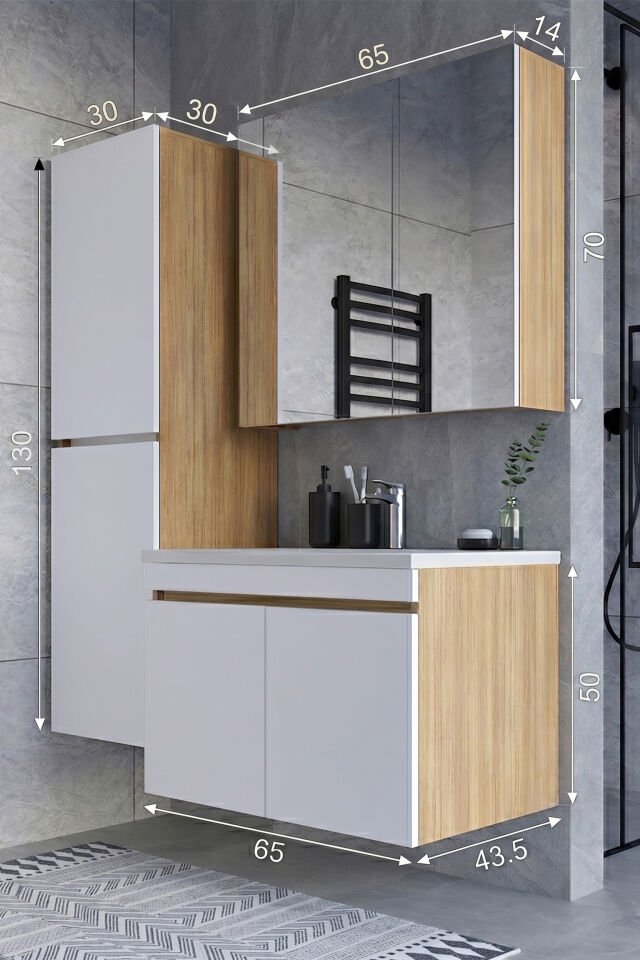 Teta Home Tokyo 65 cm MDF Banyo Dolabı Seti + Boy Dolabı Teak-Beyaz