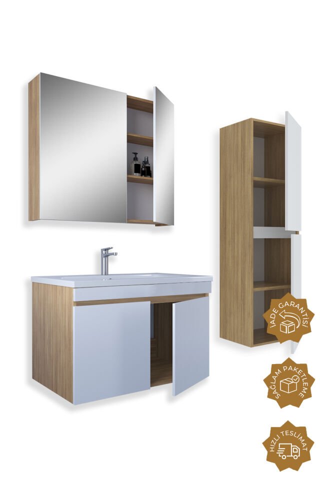 Teta Home Tokyo 65 cm MDF Banyo Dolabı Seti + Boy Dolabı Teak-Beyaz