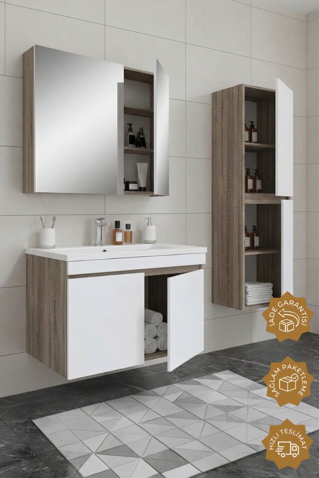 Teta Home Tokyo 65 cm MDF Banyo Dolabı Seti + Boy Dolabı Sonoma-Vanilya