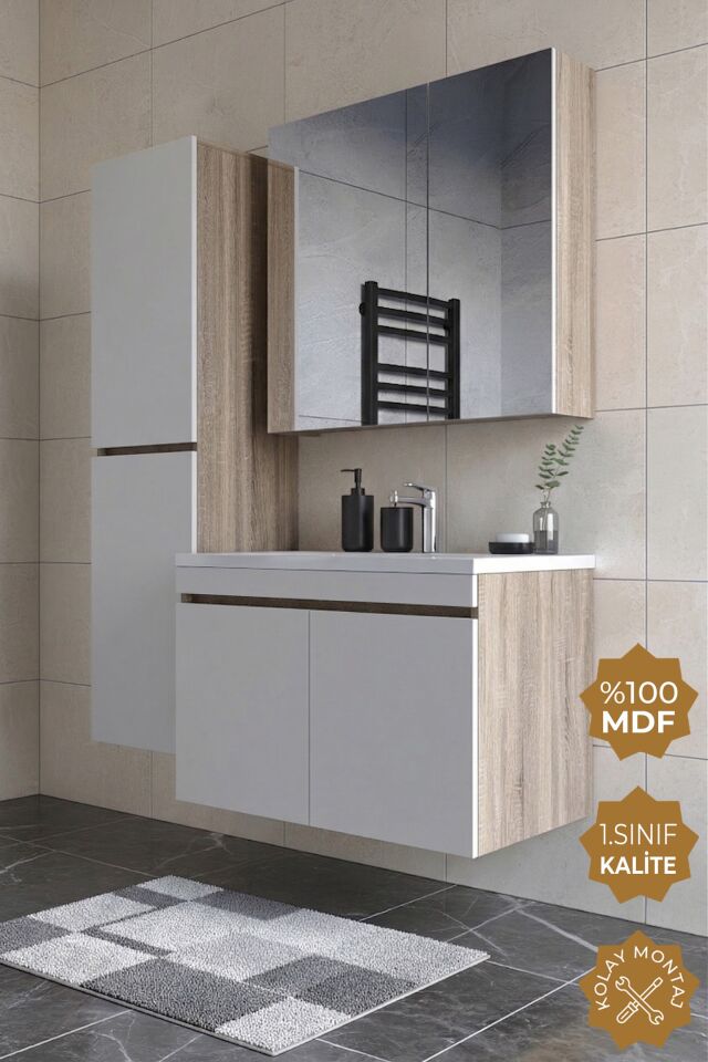 Teta Home Tokyo 65 cm MDF Banyo Dolabı Seti + Boy Dolabı Sonoma-Vanilya