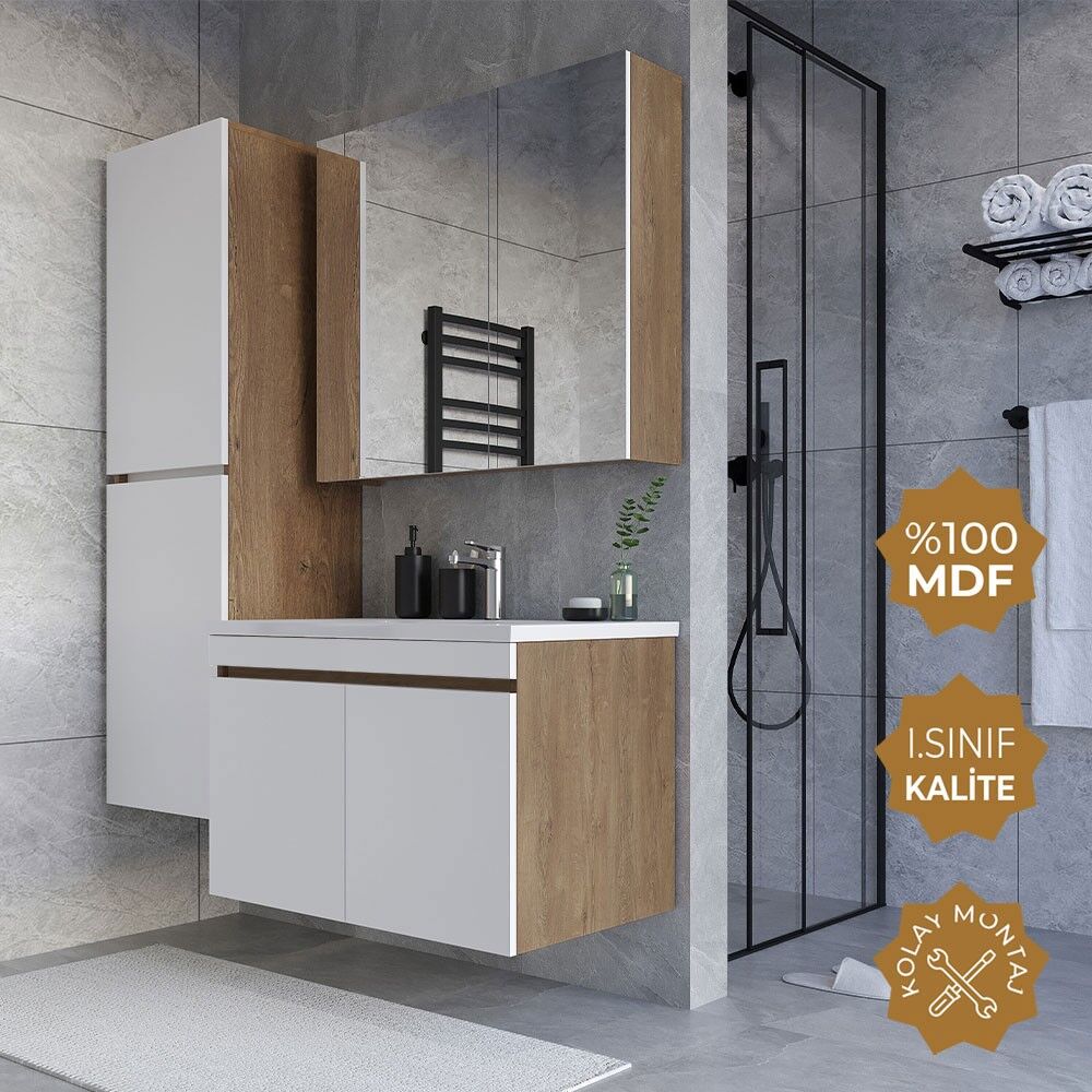 Teta Home Tokyo 65 cm MDF Banyo Dolabı Seti + Boy Dolabı Kafkas Meşe-Beyaz