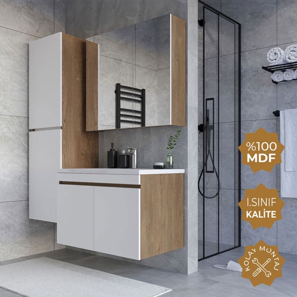 Teta Home Tokyo 65 cm MDF Banyo Dolabı Seti + Boy Dolabı Kafkas Meşe-Beyaz