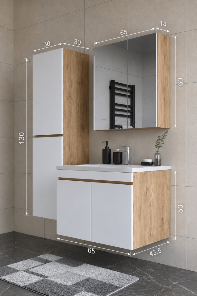 Teta Home Tokyo 65 cm MDF Banyo Dolabı Seti + Boy Dolabı Atlantik Çam-Beyaz
