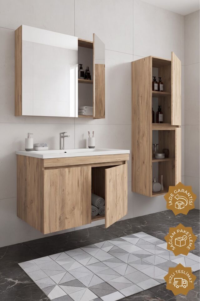 Teta Home Tokyo 65 cm MDF Banyo Dolabı Seti + Boy Dolabı Atlantik Çam