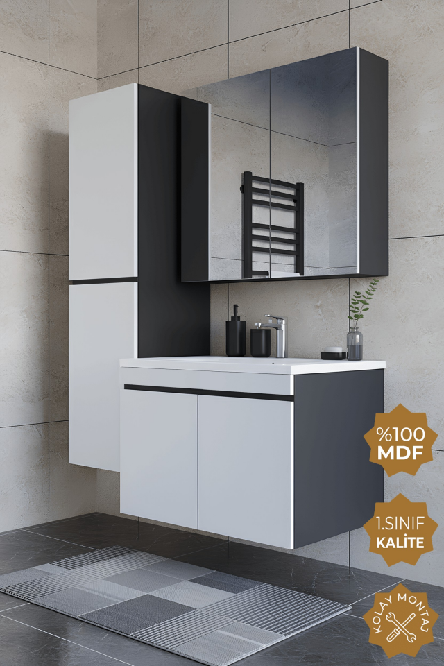 Teta Home Tokyo 65 cm MDF Banyo Dolabı Seti + Boy Dolabı Antrasit-Beyaz