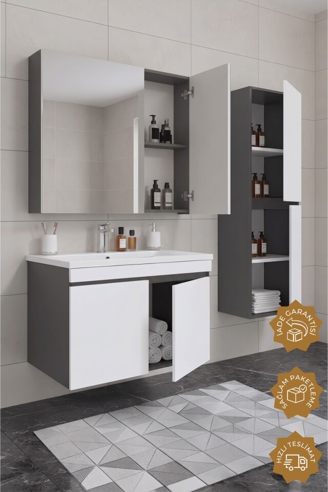 Teta Home Tokyo 65 cm MDF Banyo Dolabı Seti + Boy Dolabı Antrasit-Beyaz
