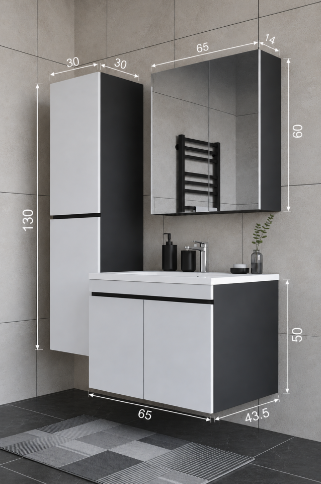 Teta Home Tokyo 65 cm MDF Banyo Dolabı Seti + Boy Dolabı Antrasit-Beyaz
