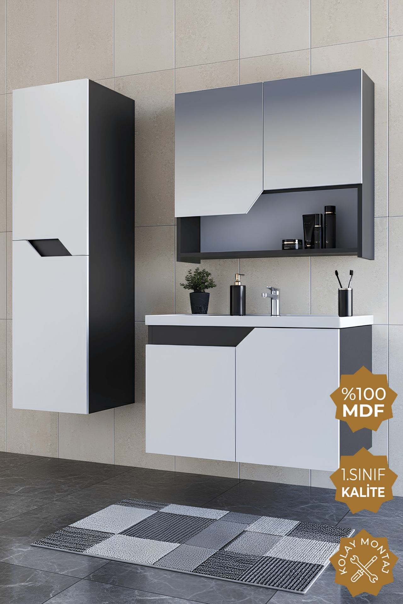 Teta Home Napoli 80 cm Mdf Banyo Dolabı Seti + Boy Dolabı