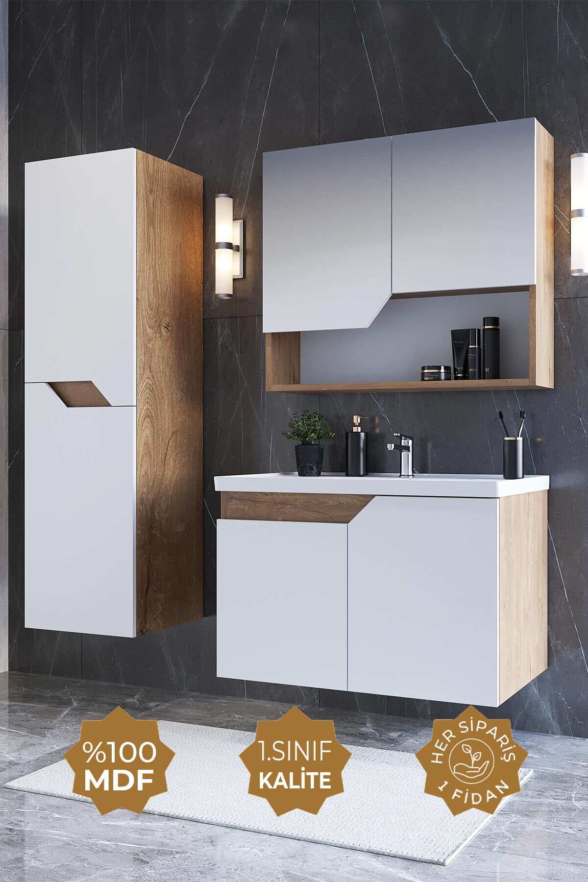 Teta Home Napoli 80 cm MDF Banyo Dolabı Seti + Boy Dolabı Kafkas Meşe-Beyaz