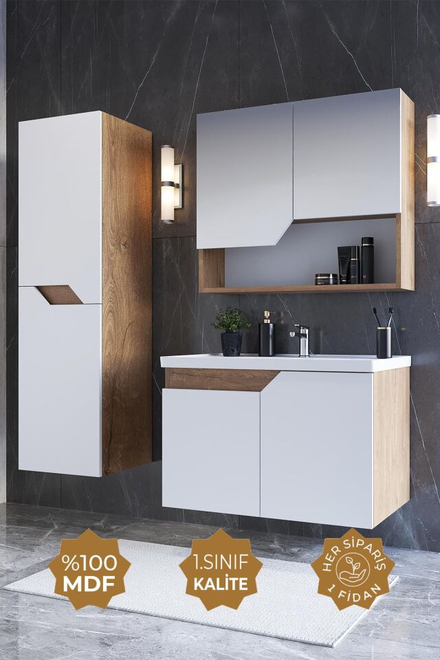 Teta Home Napoli 80 cm MDF Banyo Dolabı Seti + Boy Dolabı Kafkas Meşe-Beyaz