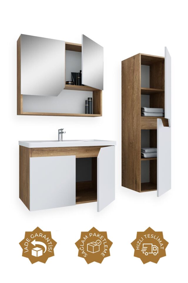 Teta Home Napoli 80 cm MDF Banyo Dolabı Seti + Boy Dolabı Kafkas Meşe-Beyaz
