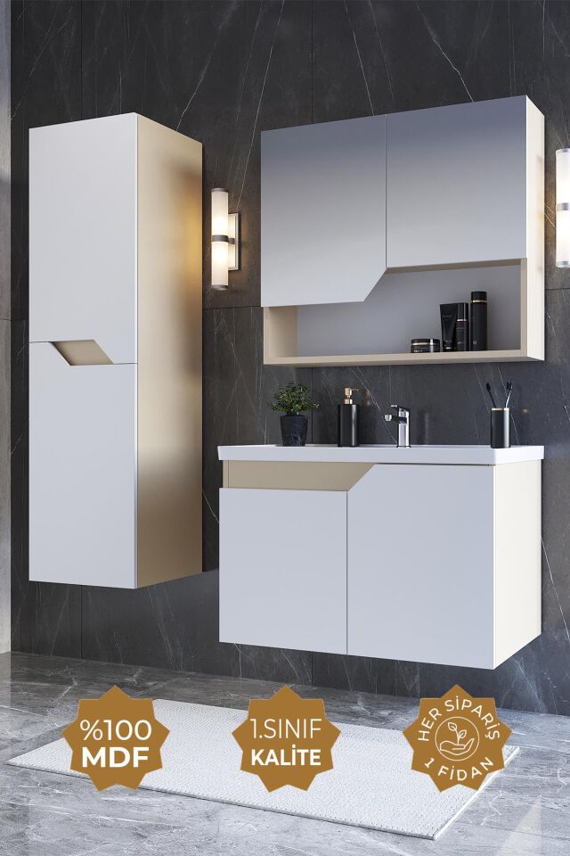 Teta Home Napoli 80 cm MDF Banyo Dolabı Seti + Boy Dolabı Bej-Beyaz