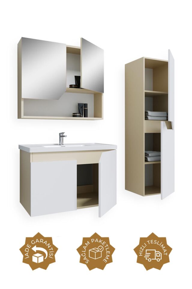 Teta Home Napoli 80 cm MDF Banyo Dolabı Seti + Boy Dolabı Bej-Beyaz