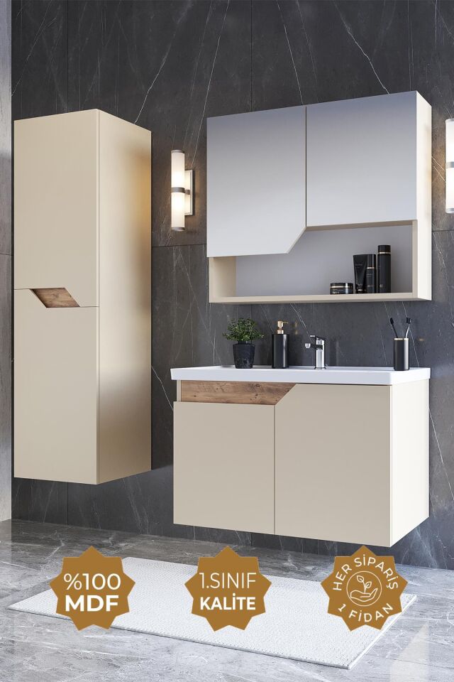 Teta Home Napoli 80 cm MDF Banyo Dolabı Seti + Boy Dolabı Bej-Atlantik Çam