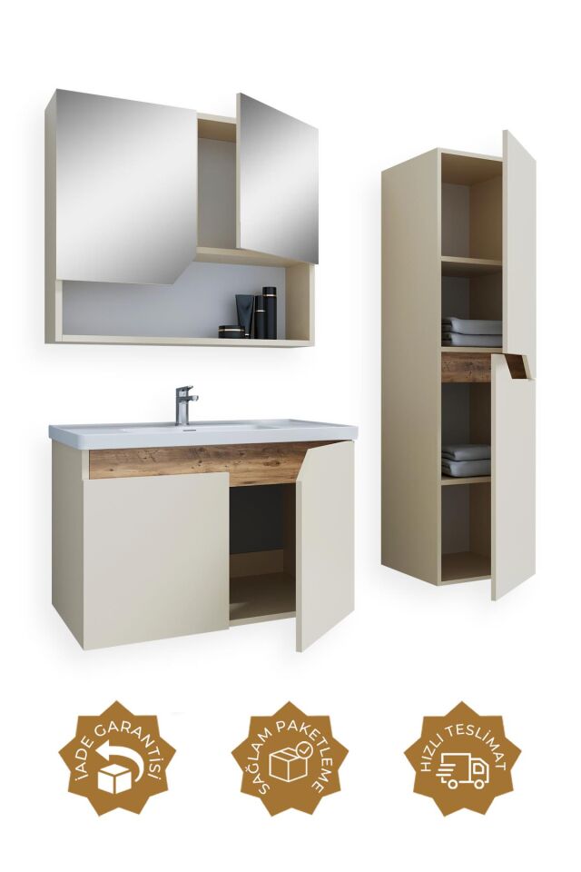 Teta Home Napoli 80 cm MDF Banyo Dolabı Seti + Boy Dolabı Bej-Atlantik Çam