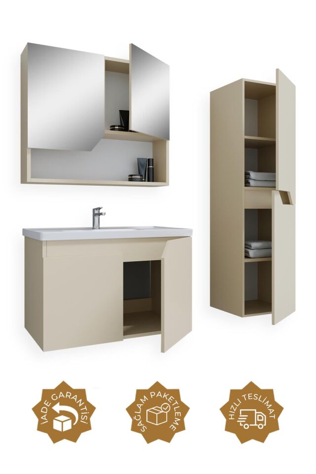 Teta Home Napoli 80 cm MDF Banyo Dolabı Seti + Boy Dolabı Bej