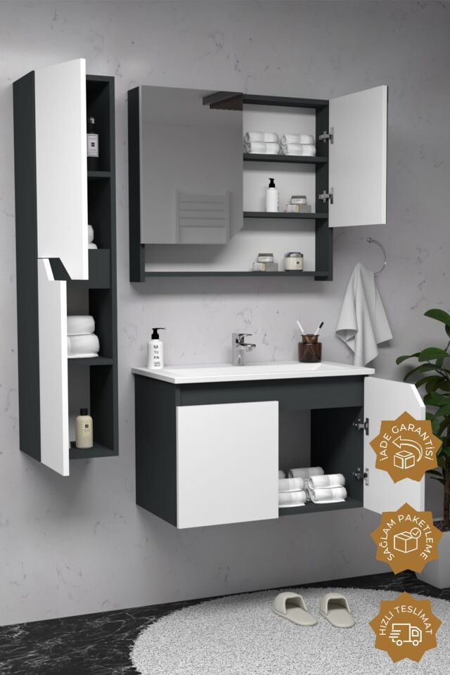 Teta Home Napoli 80 cm MDF Banyo Dolabı Seti + Boy Dolabı Antrasit-Beyaz