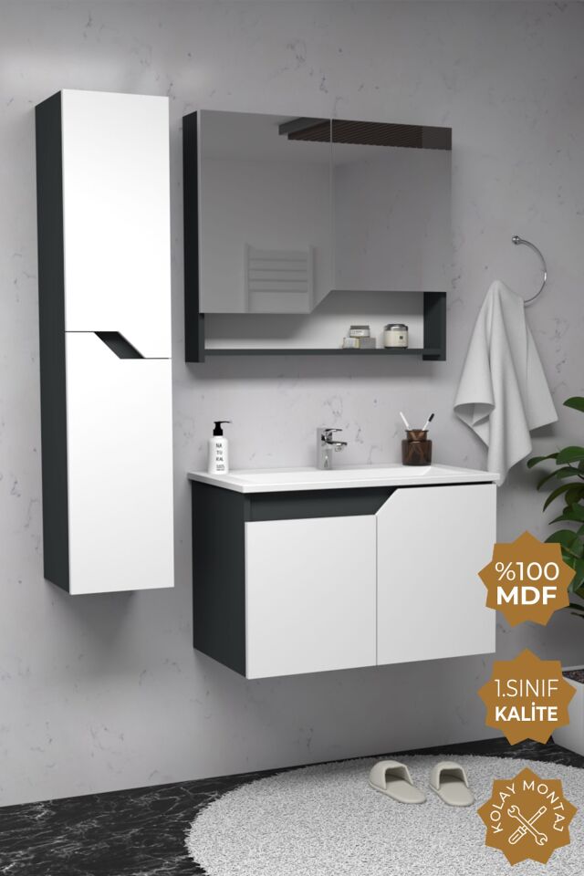 Teta Home Napoli 80 cm MDF Banyo Dolabı Seti + Boy Dolabı Antrasit-Beyaz