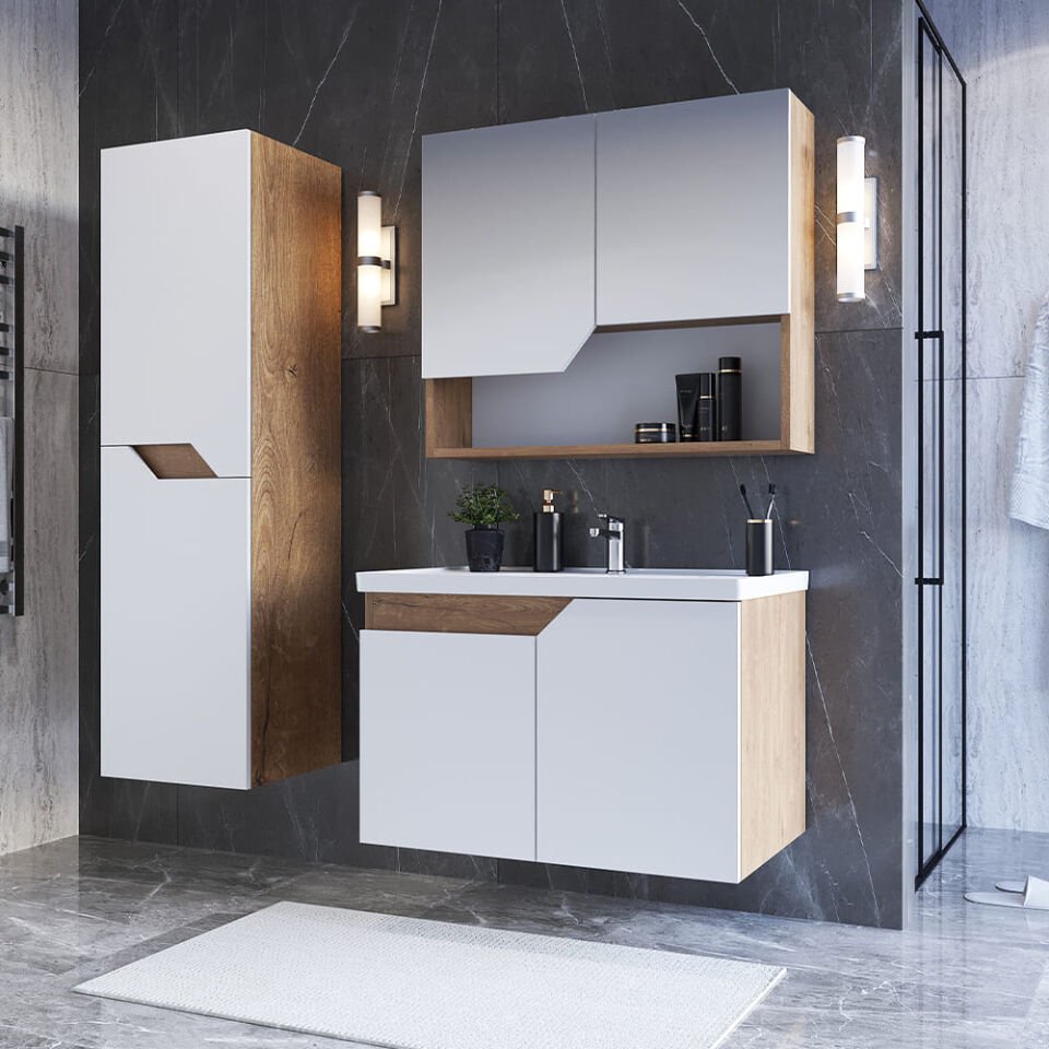 Teta Home Napoli 65 cm MDF Banyo Dolabı Seti + Boy Dolabı Kafkas Meşe-Beyaz
